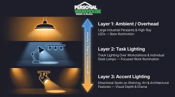 Three-layer industrial warehouse office lighting strategy ambient task and accent diagram