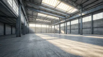 Industrial warehouse interior with high ceilings exposed steel beams and concrete floors