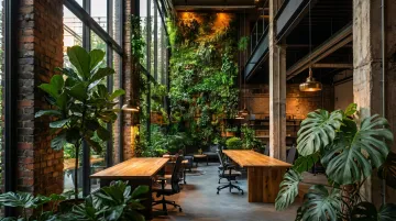 Biophilic office design with living wall large plants and natural wood accents