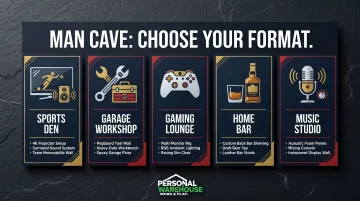 5 man cave types comparison infographic with key features and design elements