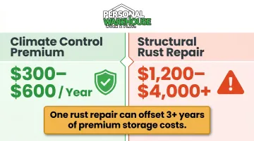 Climate-controlled storage cost versus rust repair cost comparison infographic