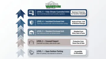 5-level car storage spectrum from open outdoor parking to full climate control