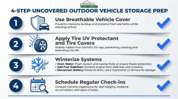 Four-step uncovered RV storage preparation checklist to minimize weather damage