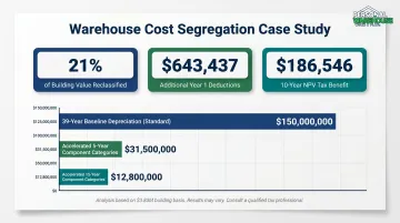 Cost segregation study reclassification results showing Year 1 deductions and 10-year NPV tax benefit