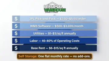 Warehouse cost breakdown showing base rent labor utilities software and fulfillment fees
