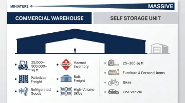 Warehouse versus self storage size and capability comparison side-by-side infographic