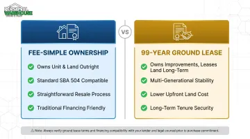 Fee-simple ownership versus 99-year ground lease structure side-by-side comparison chart