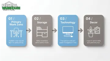 4-step home office layout planning process from desk placement to decor