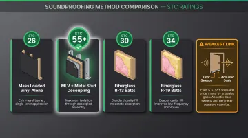 Man cave soundproofing materials STC ratings comparison infographic