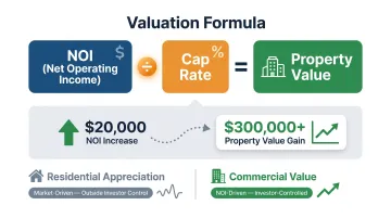 Commercial real estate NOI cap rate property value formula diagram explained