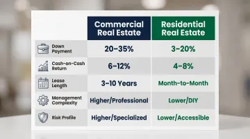 Commercial versus residential real estate five-factor side-by-side comparison infographic