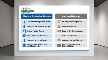 Climate-controlled versus standard storage unit side-by-side comparison infographic