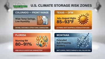 Four US regional climate risk factors for storage units by state infographic