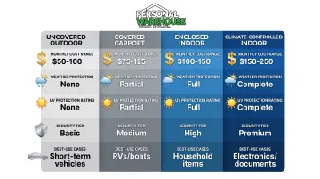 Indoor versus outdoor car storage four-option comparison chart with costs and features