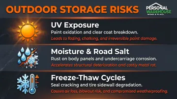Three outdoor car storage degradation risks UV moisture and freeze-thaw cycle damage