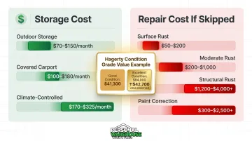 Car storage cost comparison monthly rental versus long-term repair bills infographic