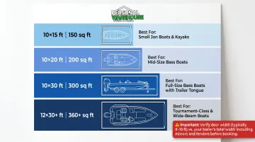 Bass boat storage unit size comparison chart from 10x15 to 15x35 with boat class guide
