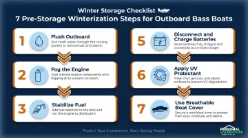 7-step bass boat winterization checklist process flow infographic for off-season storage