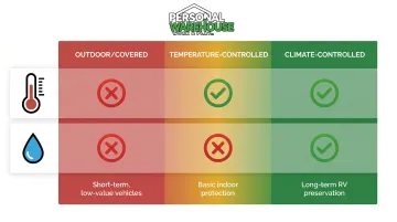 Three RV storage types comparison chart outdoor temperature-controlled climate-controlled