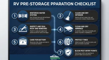 Seven-step RV pre-storage preparation checklist process flow infographic