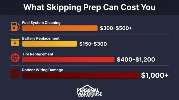 Car storage damage cost comparison chart showing four avoidable repair expenses