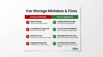 Four common car storage mistakes and correct alternatives side-by-side infographic