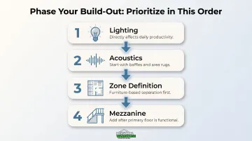 Four-step warehouse office budget priority order from lighting to mezzanine