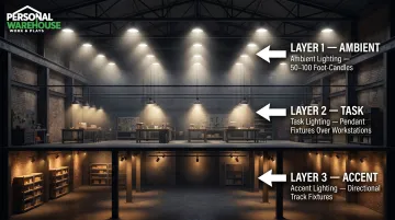 Three-layer warehouse office lighting strategy ambient task and accent diagram