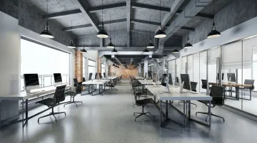 3D architectural rendering of warehouse office interior showing layout and finishes