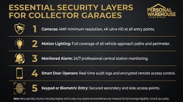 Collector garage security system checklist with five essential protection layers