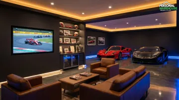 Luxury collector garage showroom lounge with premium seating racing memorabilia and exotic cars