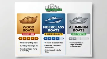Wood fiberglass and aluminum boat hull material storage requirements comparison infographic