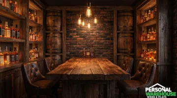 Rustic distillery man cave whiskey bar with reclaimed wood and Edison bulb lighting
