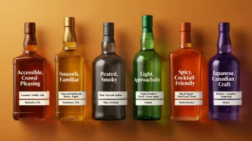 Six-bottle whiskey starter collection by region and flavor profile chart