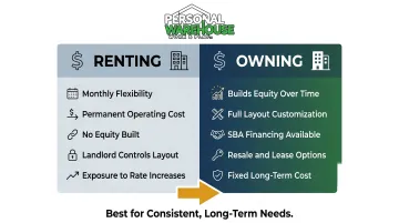 Renting versus owning business storage space cost and equity comparison infographic