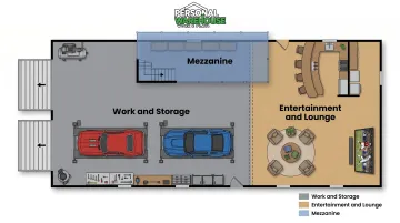 Three-zone pole barn man cave floor plan layout from overhead perspective infographic