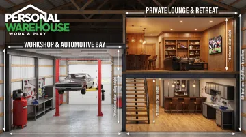 Pole barn mezzanine two-level layout showing lower workshop and upper lounge zones