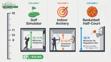 Three indoor hobby ceiling clearance requirements golf simulator archery basketball infographic
