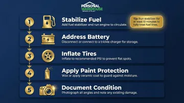 Five-step collector car pre-storage preparation checklist process flow infographic