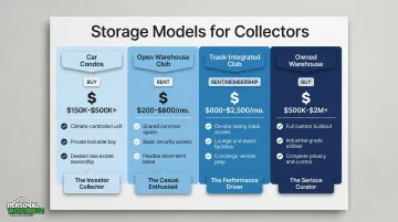 Four collector car storage models compared by cost ownership type and amenities