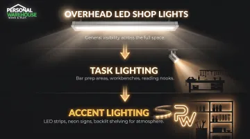 Three layer garage man cave lighting system overhead task and accent