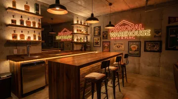 Themed garage bar cave with neon signs LED lighting and bar stools