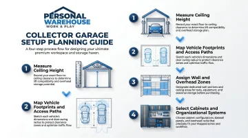 Four-step collector garage storage planning sequence from ceiling to cabinets