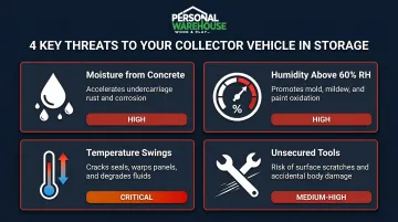 Four collector vehicle storage risks moisture humidity temperature and tools infographic
