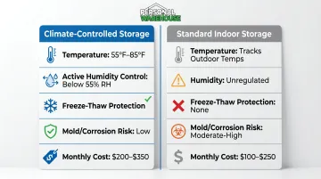 Climate-controlled versus standard indoor boat storage side-by-side comparison infographic