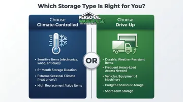 Climate-controlled versus drive-up storage decision guide comparison infographic