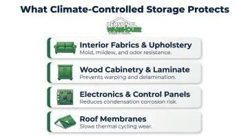 Four RV components protected by climate-controlled storage humidity and temperature regulation