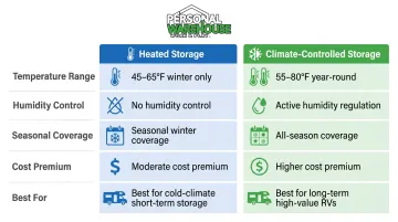 Heated versus climate-controlled RV storage side-by-side feature comparison chart