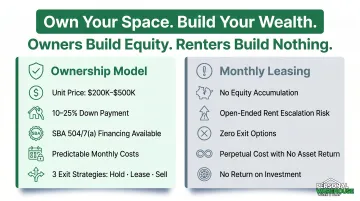 Ownership versus leasing flex space cost and equity comparison side-by-side infographic