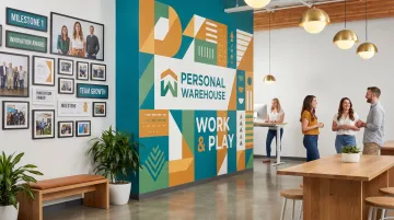 Creative office interior with branded accent wall murals and story wall display
